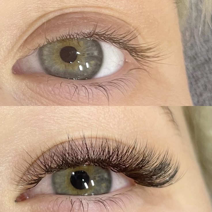 Antes y después extensiones de pestañas Volumen Ruso